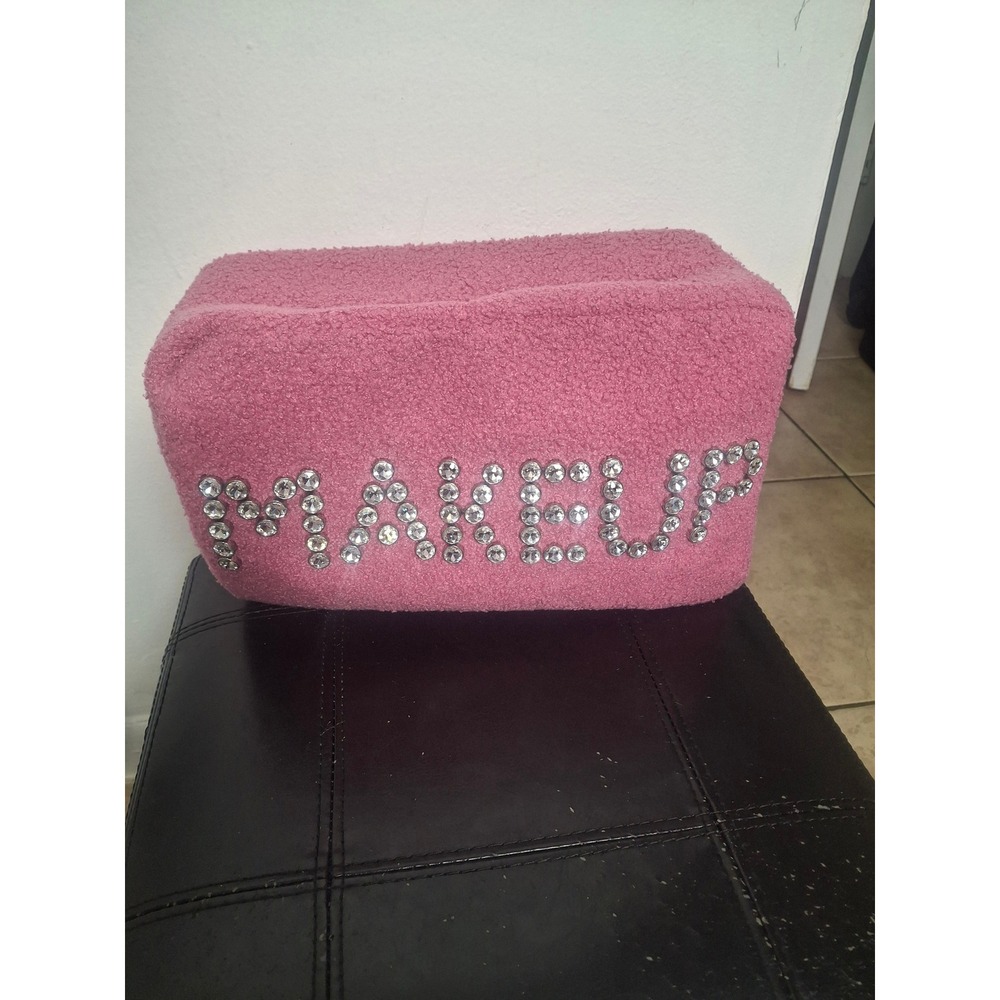 BTB Los Angeles Pink Sherpa Rhinestone Makeup Bag Cosmetic Pouch Travel Case